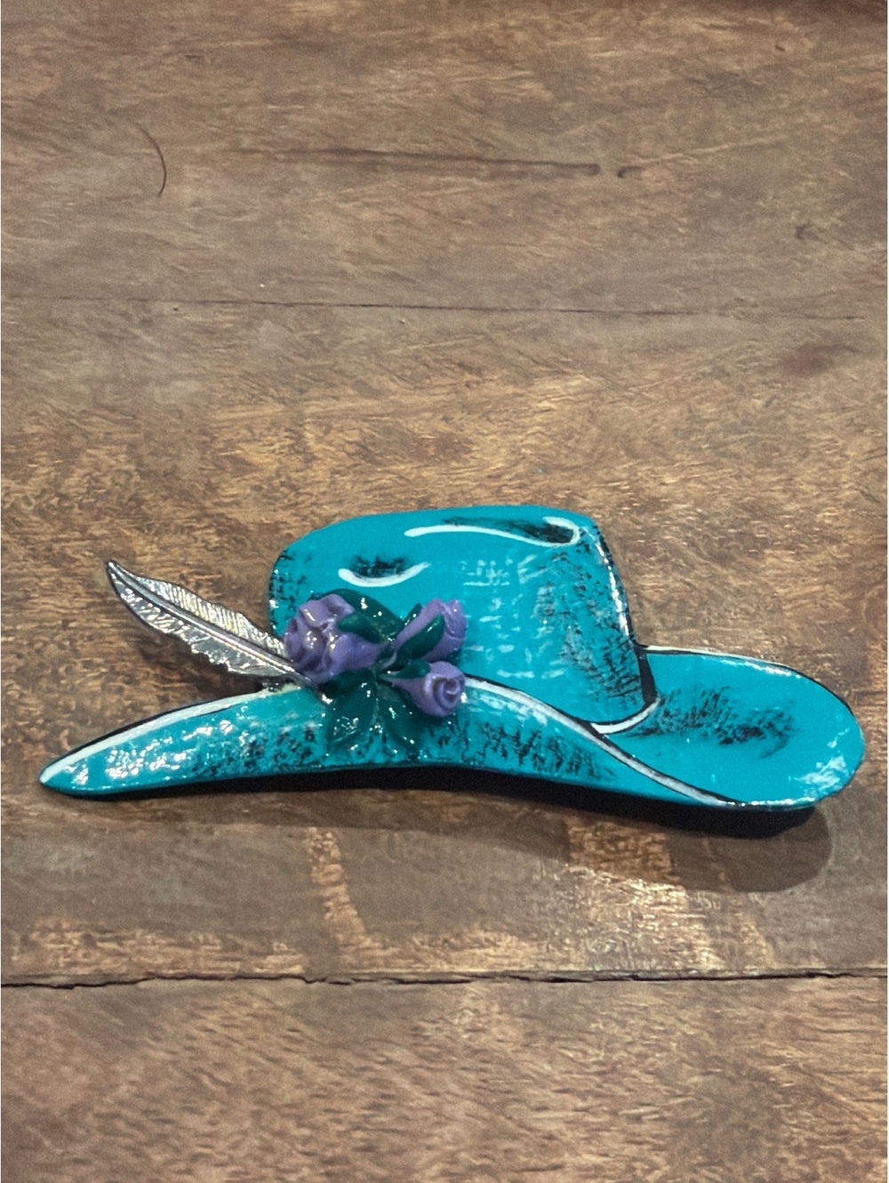 Vintage Turquoise Cowboy Hat Brooch with Purple Flower and Silver Feather